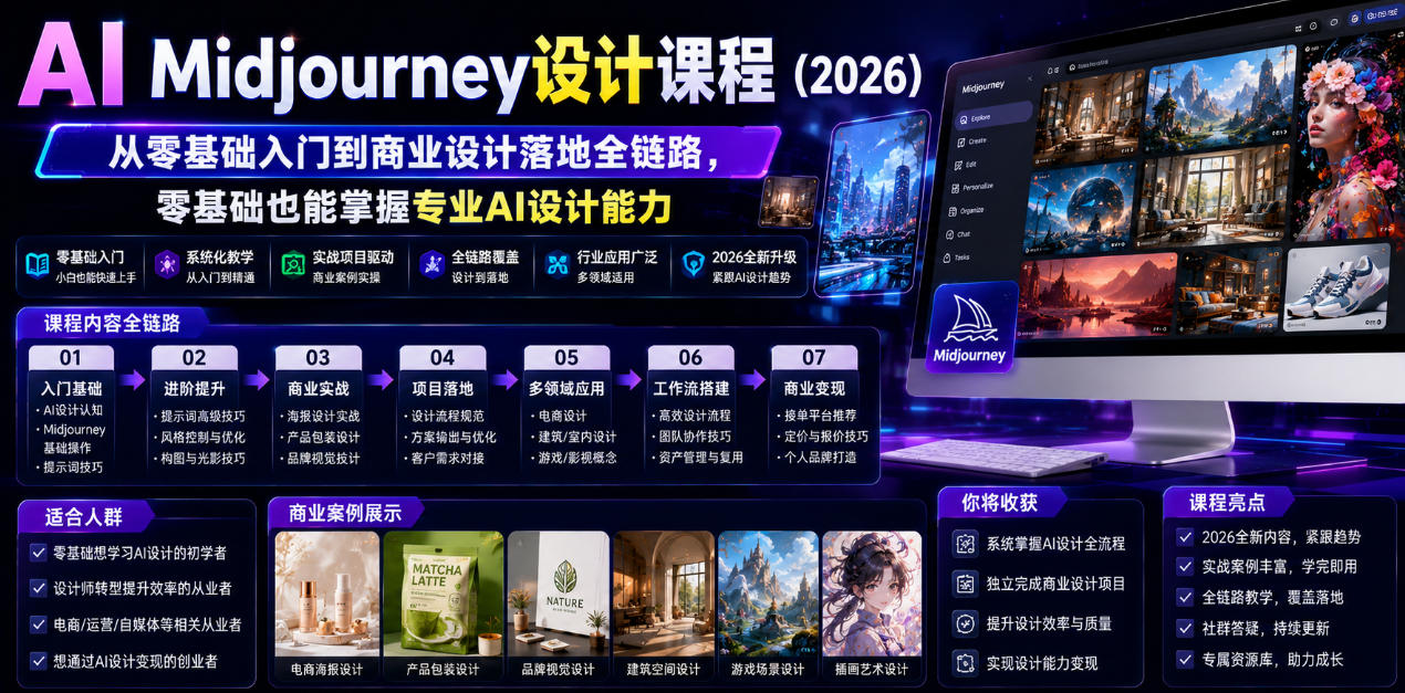AI Midjourney设计课程(2026),从零基础入门到商业设计落地全链路,零基础也能掌握专业AI设计能力(更新0913)-来聚吧