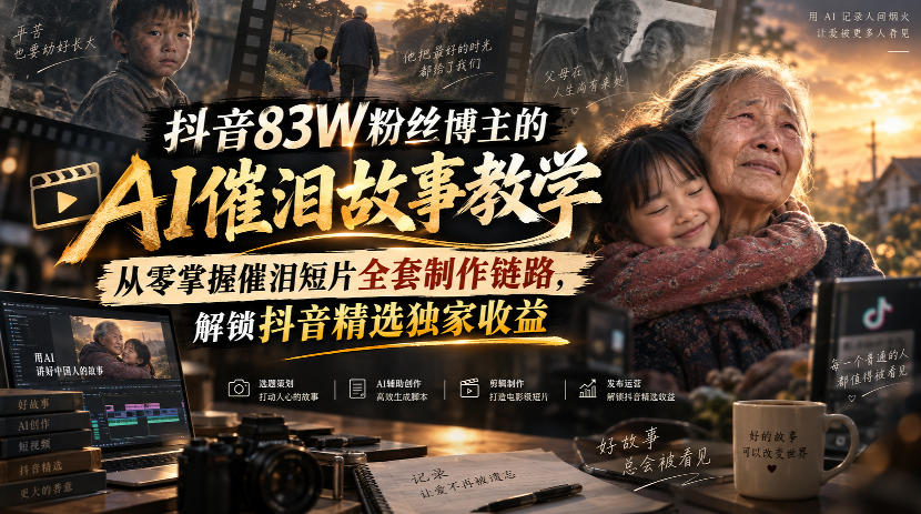 抖音83W粉丝博主的AI催泪故事教学,从零掌握催泪短片全套制作链路,解锁抖音精选独家收益-来聚吧