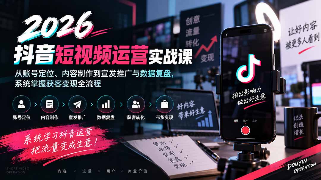 2026抖音短视频运营实战课:从账号定位、内容制作到宣发推广与数据复盘,系统掌握获客变现全流程-来聚吧