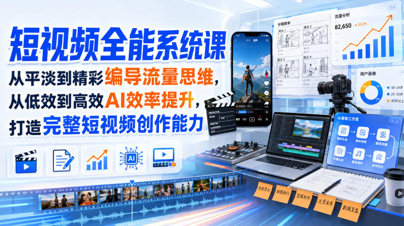 短视频全能系统课,从平淡到精彩编导流量思维,从低效到高效AI效率提升,打造完整短视频创作能力(完整版)-来聚吧