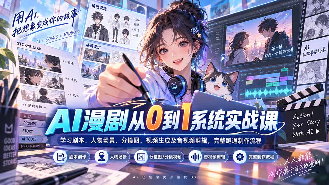 AI漫剧从0到1系统实战课:学习剧本、人物场景、分镜图、视频生成及音视频剪辑,完整跑通制作流程-来聚吧
