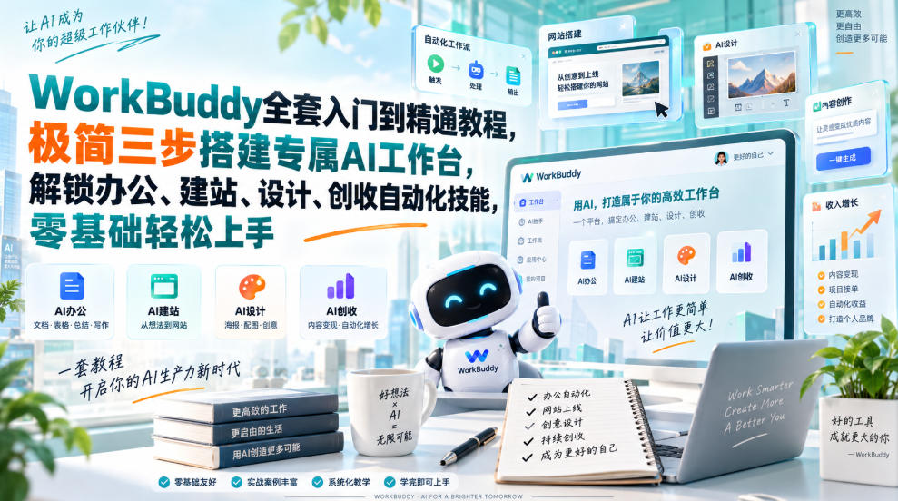 WorkBuddy全套入门到精通教程,极简三步搭建专属AI工作台,解锁办公、建站、设计、创收自动化技能,零基础轻松上手-来聚吧
