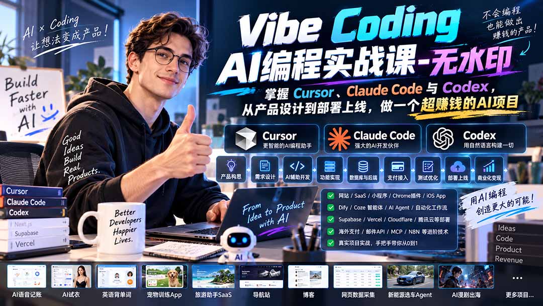 Vibe Coding AI编程实战课-无水印:掌握Cursor、Claude Code与Codex,从产品设计到部署上线,做一个超赚钱的AI项目-来聚吧