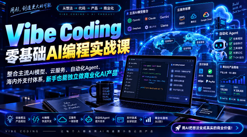 Vibe Coding零基础AI编程实战课-无水印,整合主流AI模型、云服务、自动化Agent、海内外支付体系,新手也能独立做商业化AI产品-来聚吧