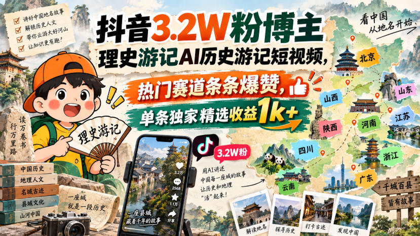 抖音3.2W粉博主理史游记AI历史游记短视频教学,热门赛道条条爆赞,单条独家精选收益1k+-来聚吧