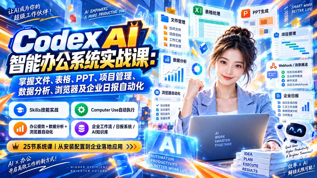 Codex AI智能办公系统实战课:掌握文件、表格、PPT、项目管理、数据分析、浏览器及企业日报自动化-来聚吧
