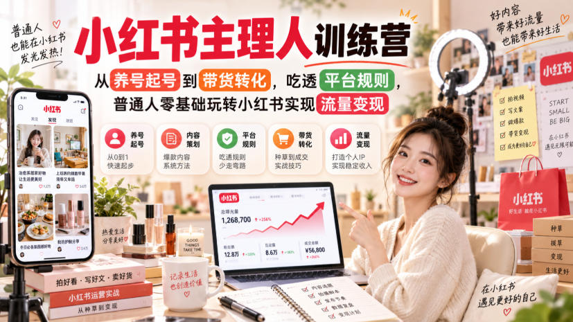 小红书主理人训练营,从养号起号到带货转化,吃透平台规则,普通人零基础玩转小红书实现流量变现-来聚吧