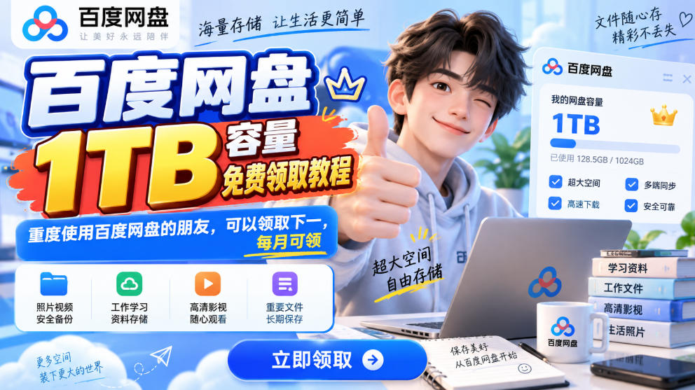 百度网盘1TB容量免费领取教程，重度使用百度网盘的朋友，可以领取下一，每月可领-来聚吧