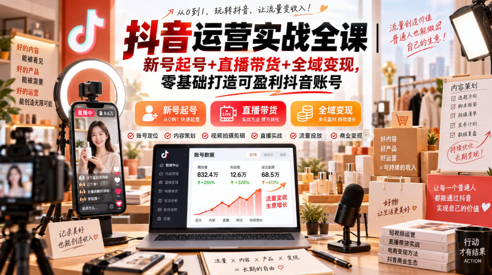 抖音运营实战全课|新号起号+直播带货+全域变现,零基础打造可盈利抖音账号-来聚吧