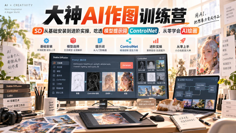 大神AI作图训练营,SD从基础安装到进阶实操,吃透模型提示词ControlNet,从零学会AI绘画-来聚吧
