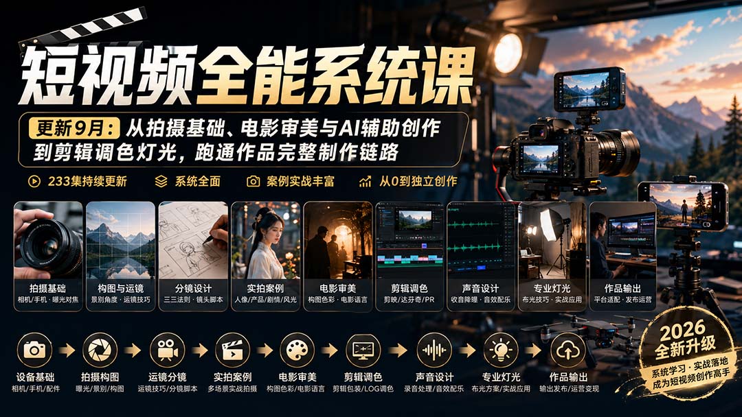 短视频全能系统课-9月完整版:从拍摄基础、电影审美与AI辅助创作到剪辑调色灯光,跑通作品完整制作链路-来聚吧