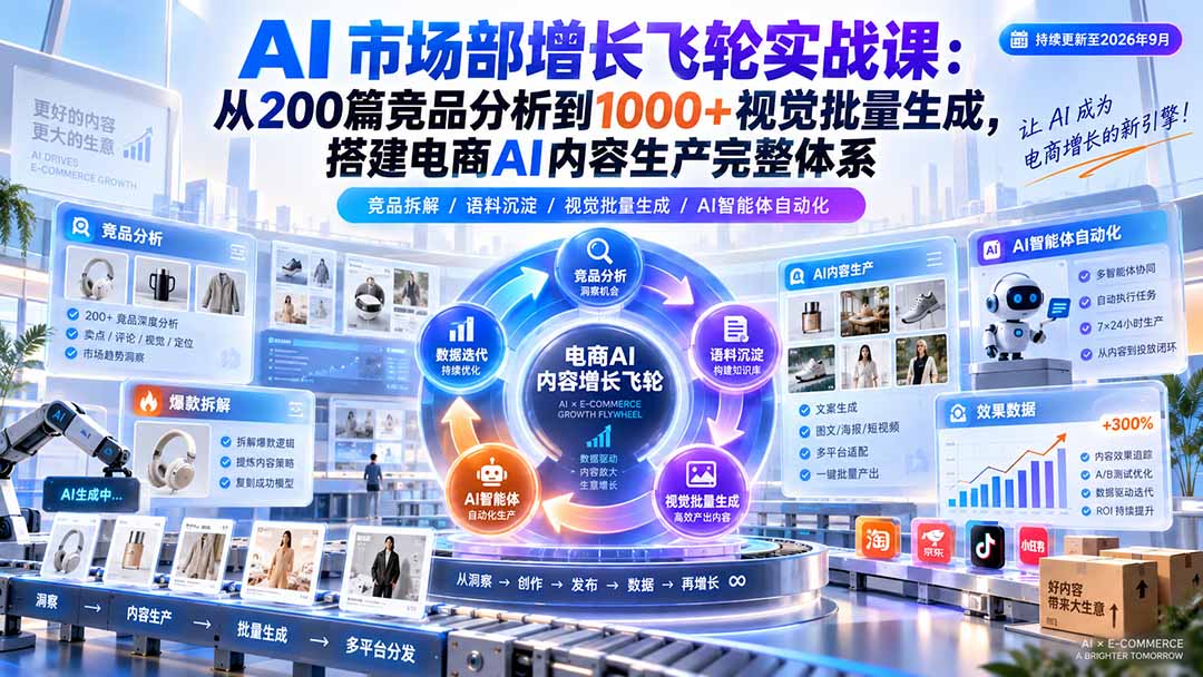 AI 市场部增长飞轮实战课:从200篇竞品分析到1000+视觉批量生成,搭建电商AI内容生产完整体系-来聚吧