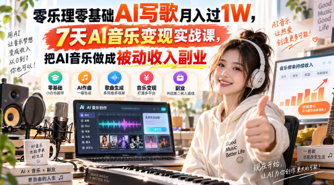 零乐理零基础AI写歌月入过1W,7天AI音乐变现实战课,把AI音乐做成被动收入副业-来聚吧