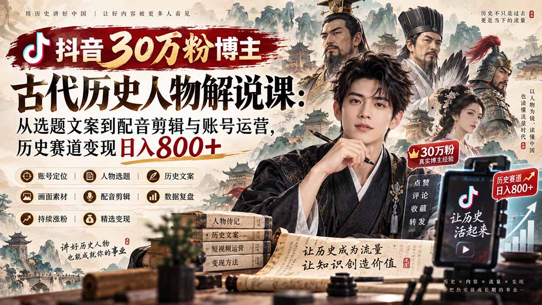 抖音30万粉博主古代历史人物解说课:从选题文案到配音剪辑与账号运营,历史赛道变现日入800+-来聚吧