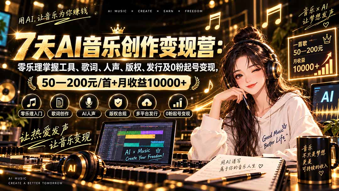 AI音乐创作变现营:零乐理掌握工具、歌词、人声、版权、发行及0粉起号变现,50—200元/首+月收益10000+-来聚吧