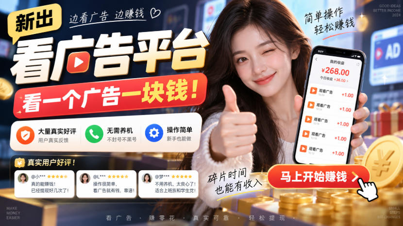 新出看广告平台，看一个广告一块钱，大量真实好评！无需养机、不会黑号，操作简单【揭秘】-来聚吧
