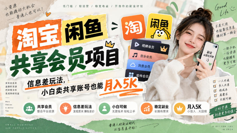 淘宝闲鱼共享会员项目,信息差玩法,小白卖共享账号也能月入5K-来聚吧
