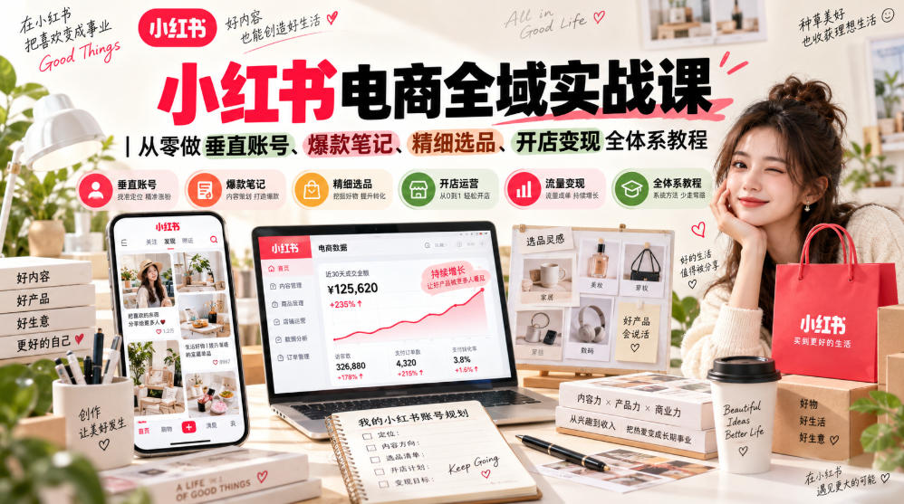 小红书电商全域实战课|从零做垂直账号、爆款笔记、精细选品、开店变现全体系教程-来聚吧