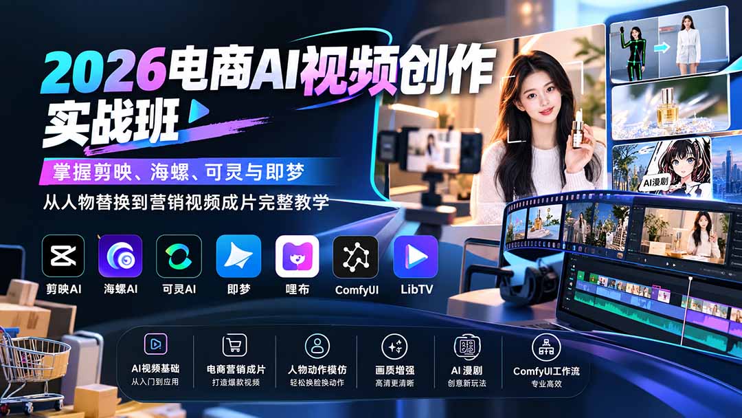 2026电商AI视频创作实战班:掌握剪映、海螺、可灵与即梦,从人物替换到营销视频成片完整教学-来聚吧