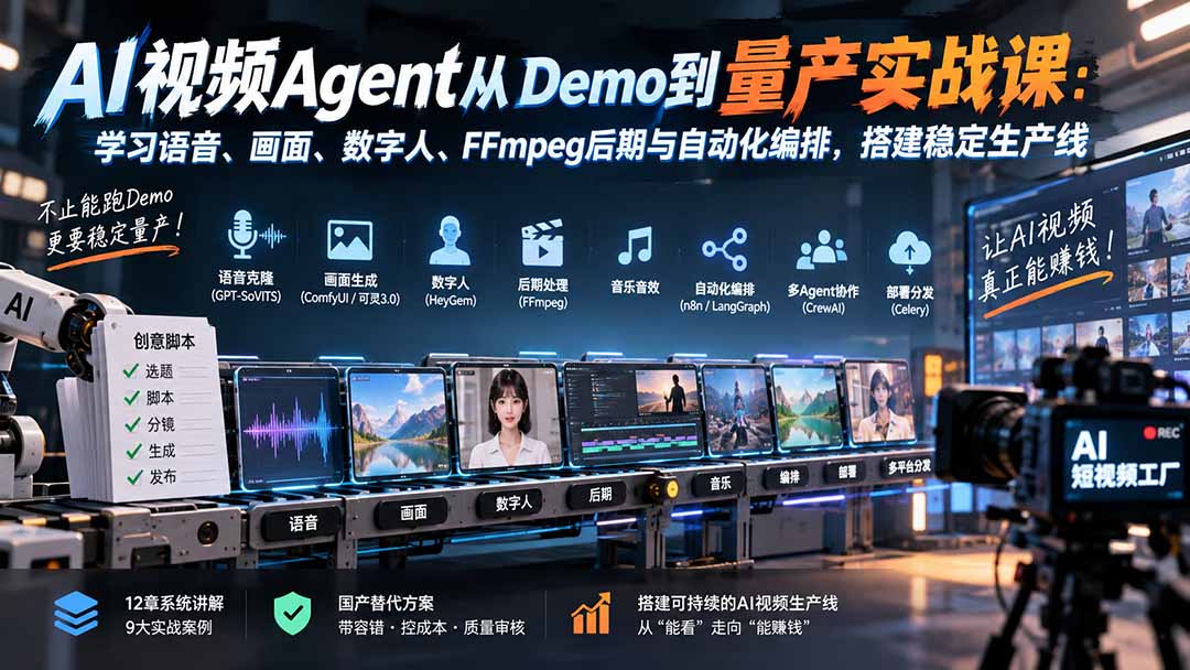 AI视频Agent从Demo到量产实战课:学习语音、画面、数字人、FFmpeg后期与自动化编排,搭建稳定生产线-来聚吧