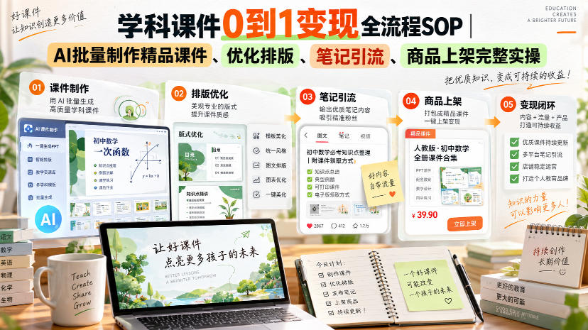 学科课件0到1变现全流程SOP|AI批量制作精品课件、优化排版、笔记引流、商品上架完整实操-来聚吧