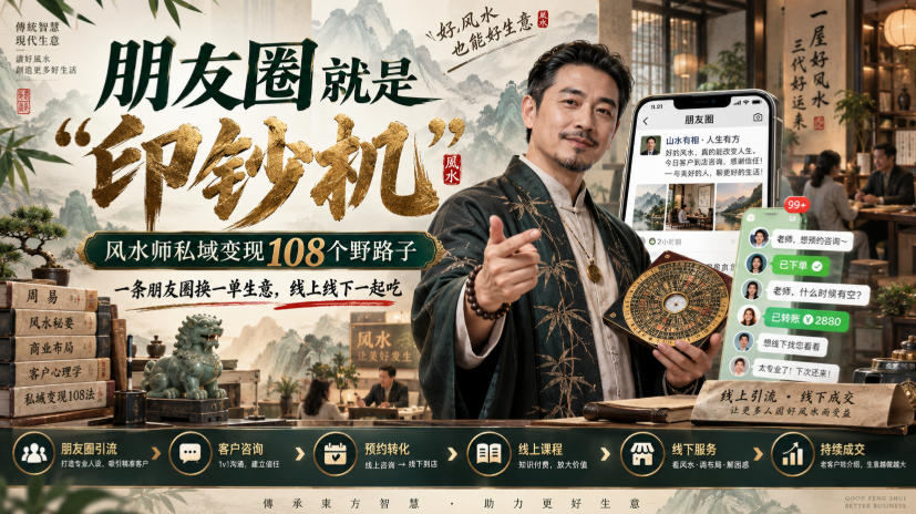 朋友圈就是“印钞机”,风水师私域变现108个野路子,一条朋友圈换一单生意,线上线下一起吃【文档】-来聚吧