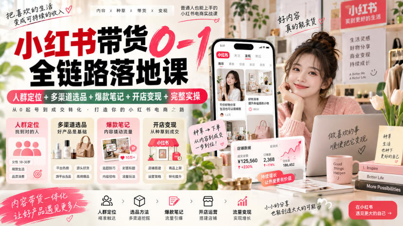 小红书带货0-1全链路落地课|人群定位+多渠道选品+爆款笔记+开店变现完整实操-来聚吧