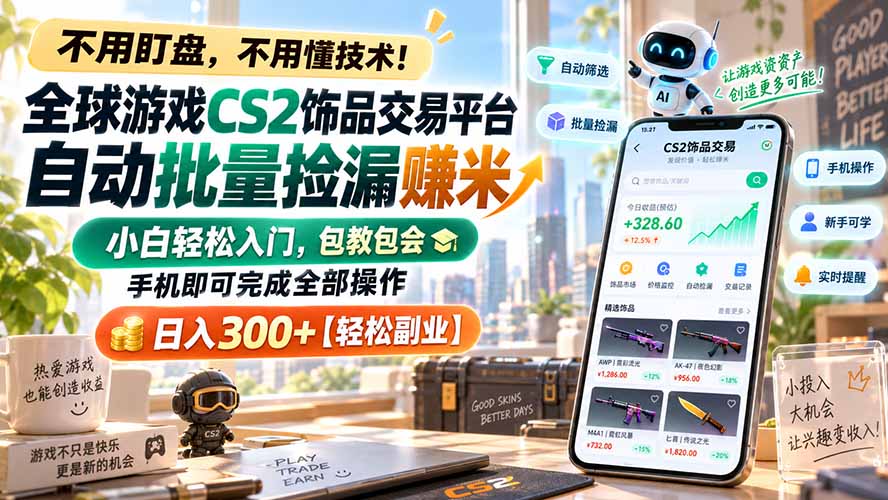 全球游戏CS2饰品交易平台自动批量捡漏赚米,小白轻松入门,包教包会,手机即可完成全部操作,日入300+【轻松副业】-来聚吧