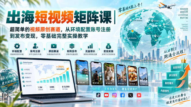 出海短视频矩阵课｜超简单的视频原创赛道，从环境配置账号注册到发布变现，零基础完整实操教学-来聚吧