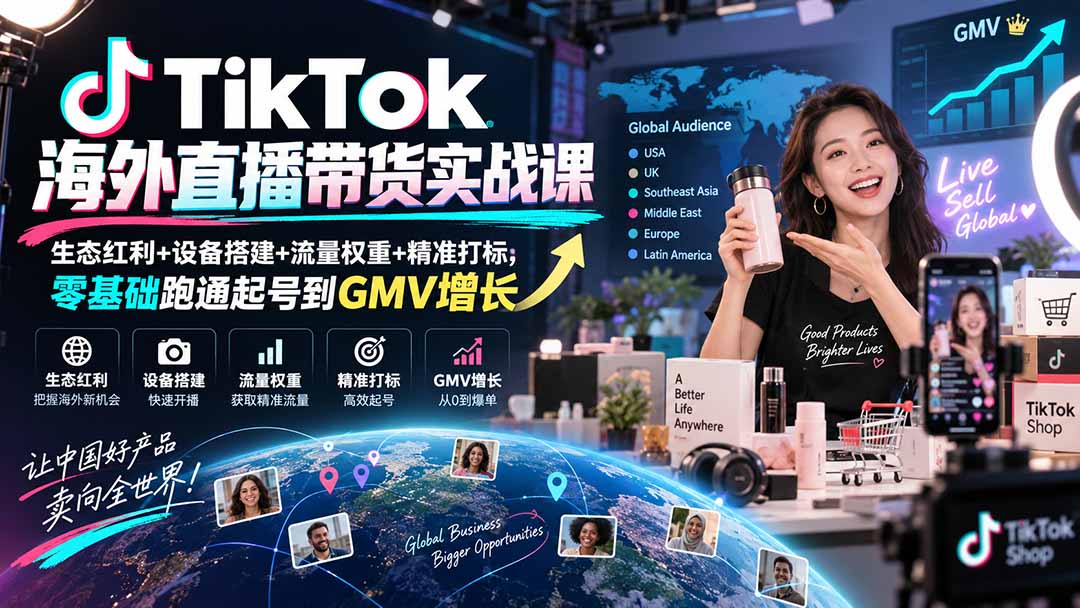 TikTok海外直播带货实战课|生态红利+设备搭建+流量权重+精准打标,零基础跑通起号到GMV增长-来聚吧
