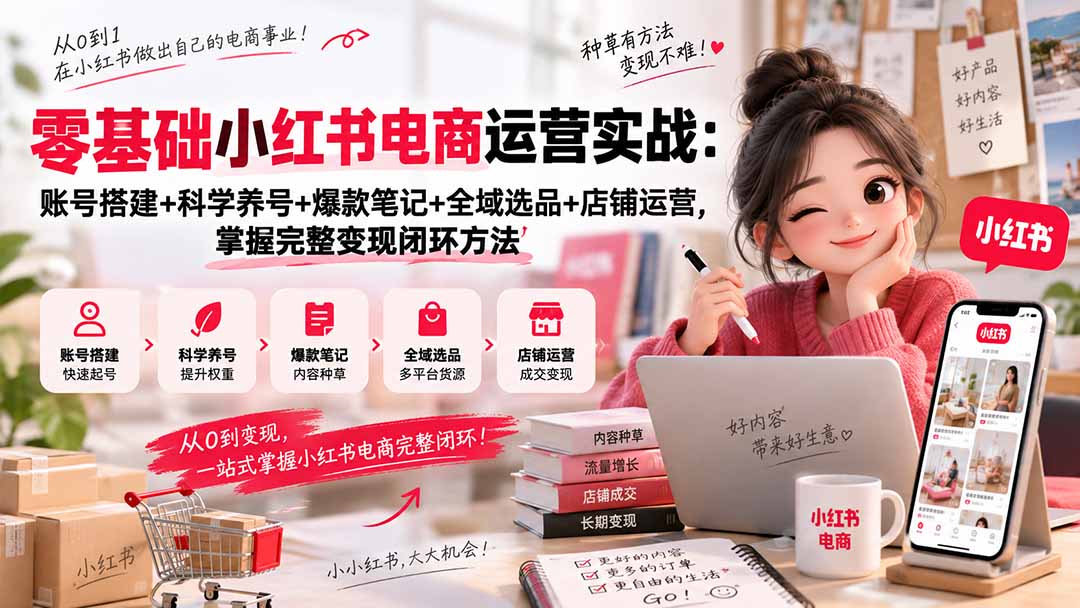 零基础小红书电商运营实战：账号搭建+科学养号+爆款笔记+全域选品+店铺运营，掌握完整变现闭环方法-来聚吧