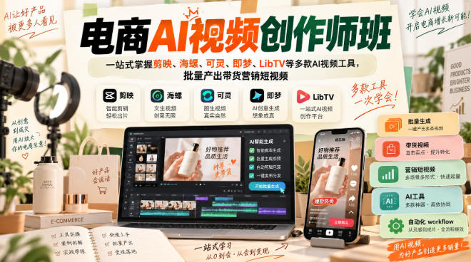 电商AI视频创作师班，一站式掌握剪映、海螺、可灵、即梦、LibTV等多款AI视频工具，批量产出带货营销短视频-来聚吧