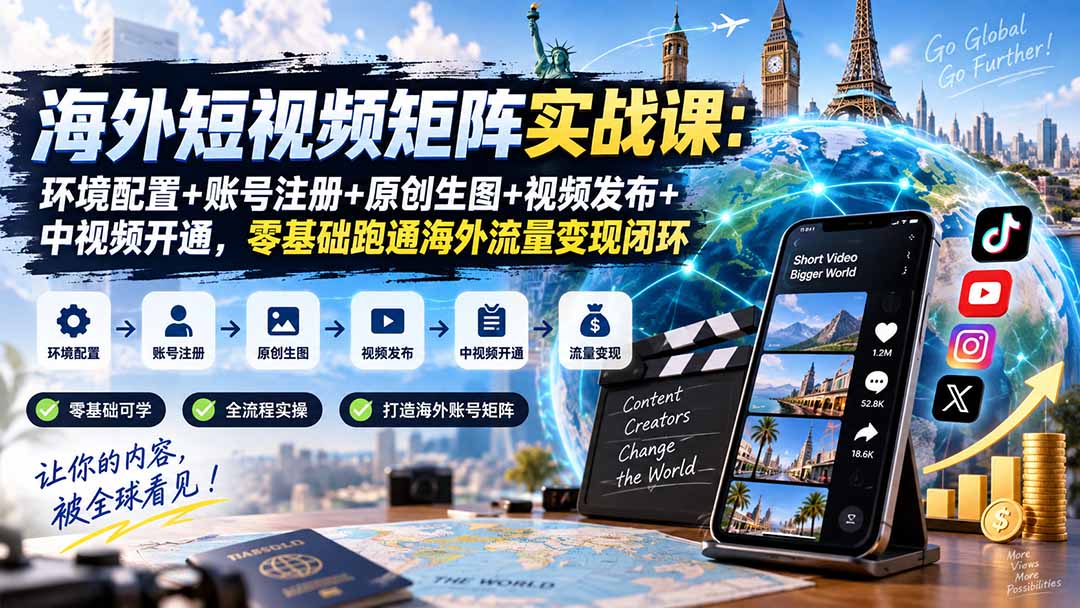 海外短视频矩阵实战课：环境配置+账号注册+原创生图+视频发布+中视频开通，零基础跑通海外流量变现闭环-来聚吧
