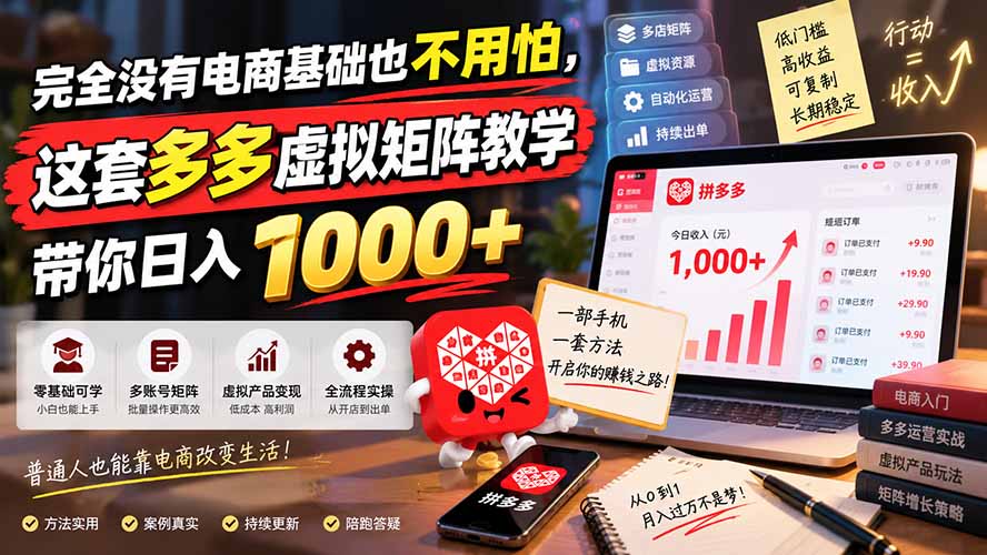完全没有电商基础也不用怕,这套多多虚拟矩阵教学带你日入 1000+-来聚吧