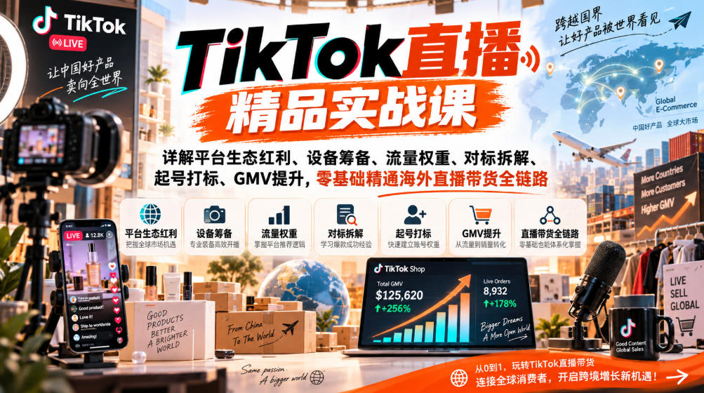 TikTok直播精品实战课,详解平台生态红利、设备筹备、流量权重、对标拆解、起号打标、GMV提升,零基础精通海外直播带货全链路-来聚吧