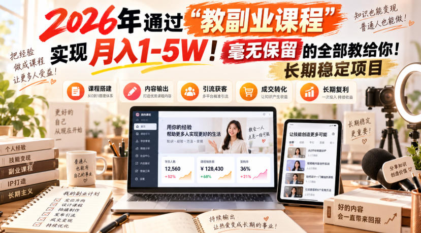 2026年通过“教副业课程”实现月入1-5W!毫无保留的全部教给你!长期稳定项目-来聚吧