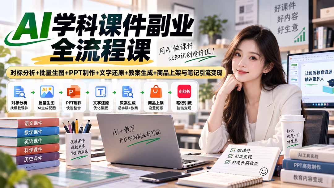 AI学科课件副业全流程课｜对标分析+批量生图+PPT制作+文字还原+教案生成+商品上架与笔记引流变现-来聚吧