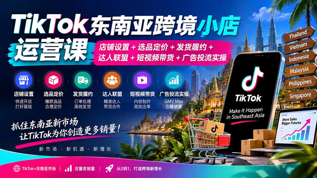 TikTok东南亚跨境小店运营课:店铺设置+选品定价+发货履约+达人联盟+短视频带货+广告投流实操-来聚吧