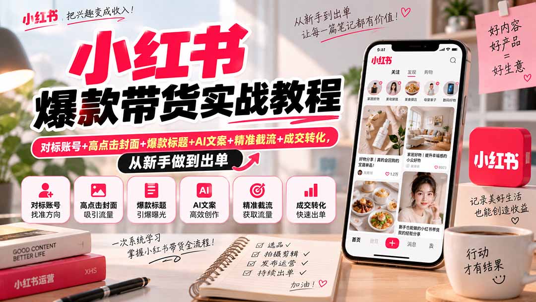 小红书爆款带货实战教程｜对标账号+高点击封面+爆款标题+AI文案+精准截流+成交转化，从新手做到出单-来聚吧