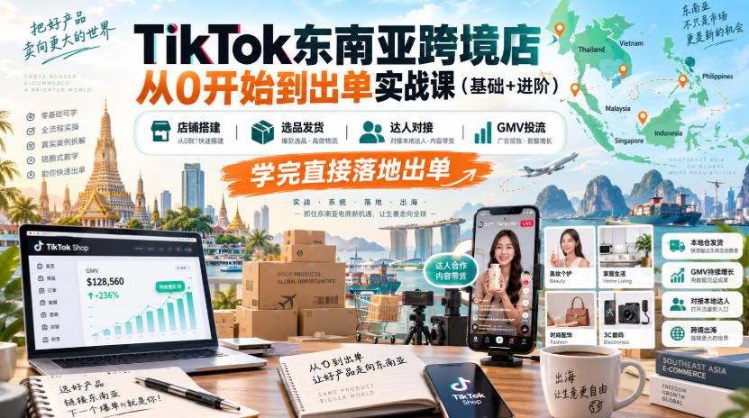 TikTok东南亚跨境店从0开始到出单实战课(基础+进阶),店铺搭建、选品发货、达人对接、GMV投流,学完直接落地出单-来聚吧