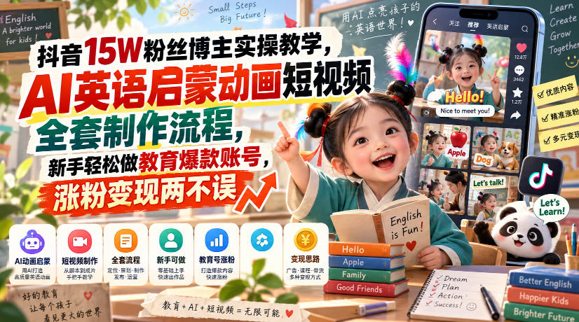 抖音15W粉丝博主实操教学,AI英语启蒙动画短视频全套制作流程,新手轻松做教育爆款账号,涨粉变现两不误-来聚吧