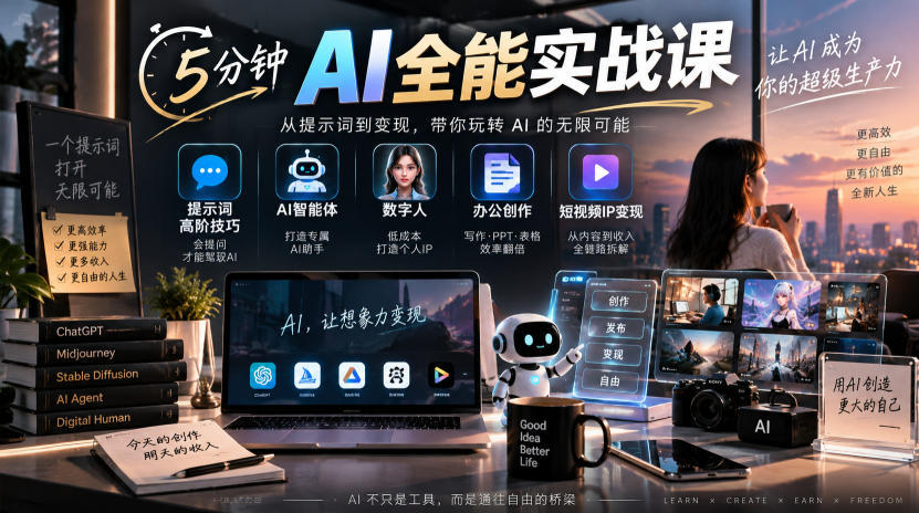 5分钟AI全能实战课|提示词高阶技巧+AI智能体+数字人+办公创作+短视频IP变现全教程-来聚吧
