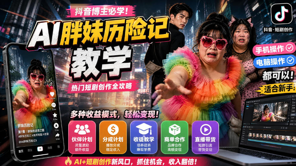 抖音博主的AI胖妹历险记教学,伙伴计划+分成计划+收徒+商单等多种收益,适合新手,手机电脑都可以操作-来聚吧