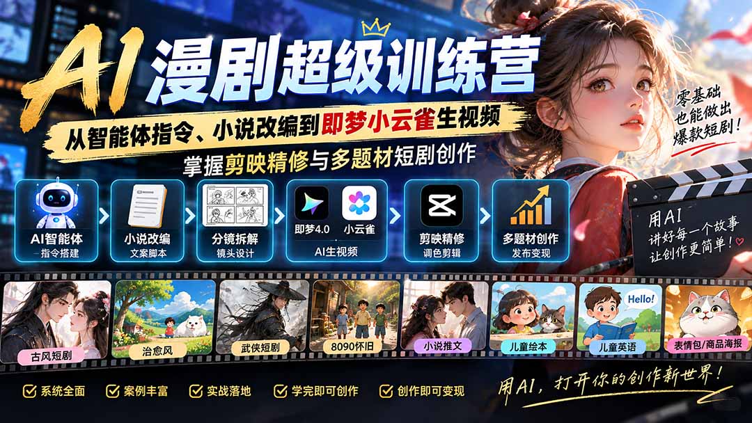 AI漫剧超级特训营:从智能体指令、小说改编到即梦小云雀生视频,掌握剪映精修与多题材短剧创作-来聚吧