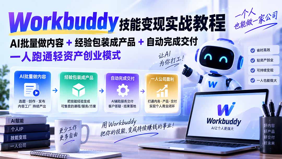 Workbuddy技能变现实战教程:AI批量做内容+经验包装成产品+自动完成交付,一人跑通轻资产创业模式-来聚吧