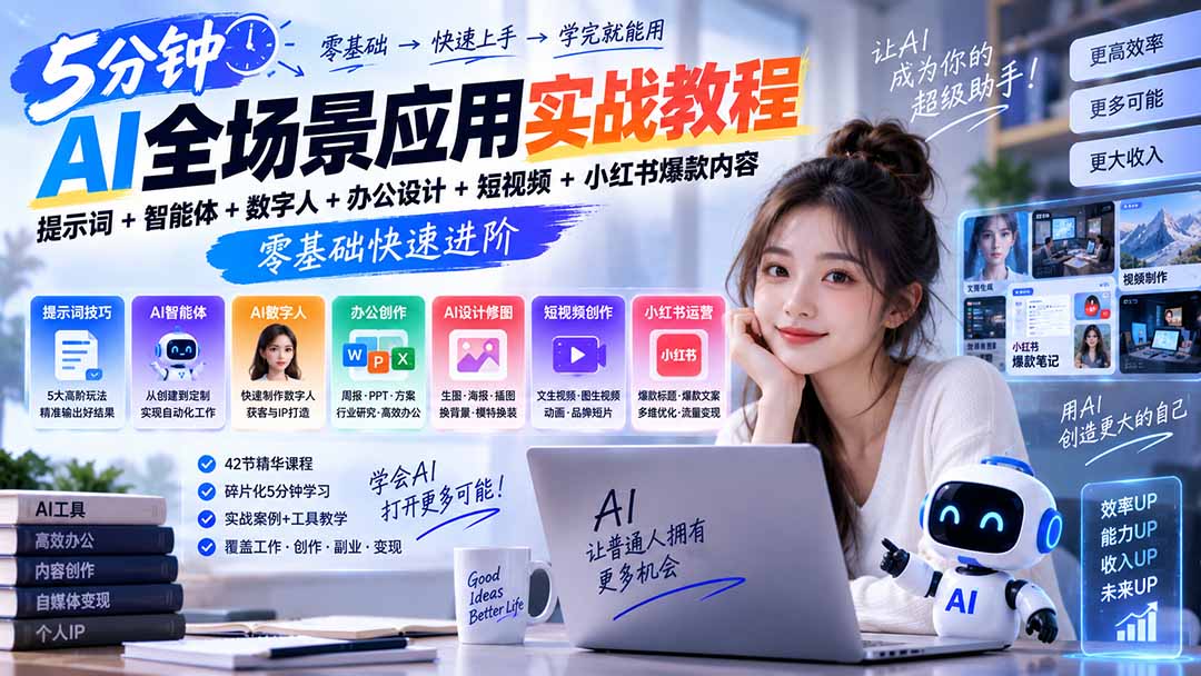 AI全场景应用实战教程|提示词+智能体+数字人+办公设计+短视频+小红书爆款内容,零基础快速进阶-来聚吧