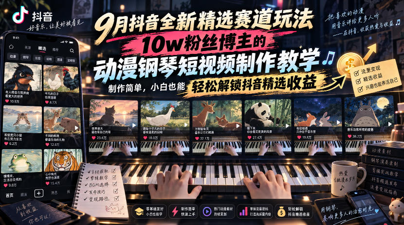 9月抖音全新精选赛道玩法,10w粉丝博主的动漫钢琴短视频制作教学,制作简单,小白也能轻松解锁抖音精选收益-来聚吧