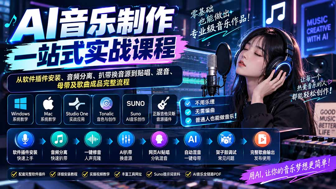 AI音乐制作一站式实战课程:从软件插件安装、音频分离、扒带换音源到贴唱、混音、母带及歌曲成品完整流程-来聚吧