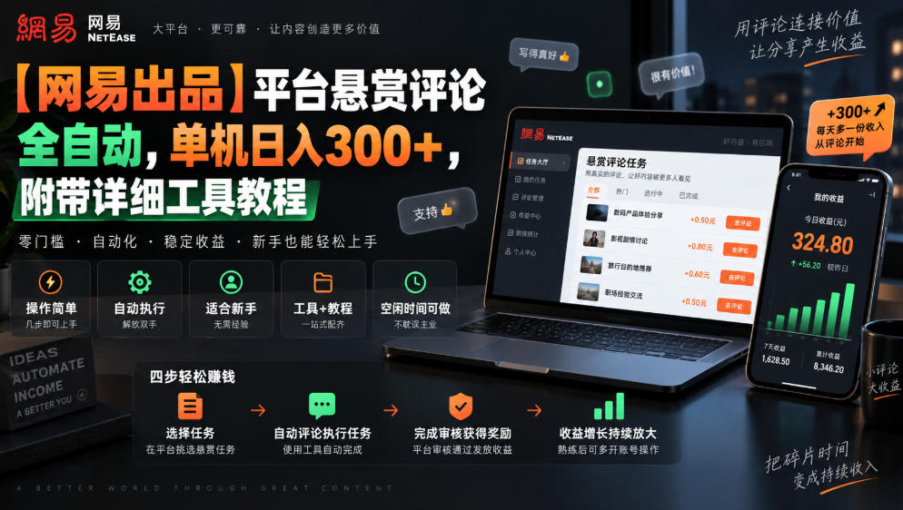 【网易出品】平台悬赏评论全自动，单机日入300+，附带详细工具教程【揭秘】-来聚吧