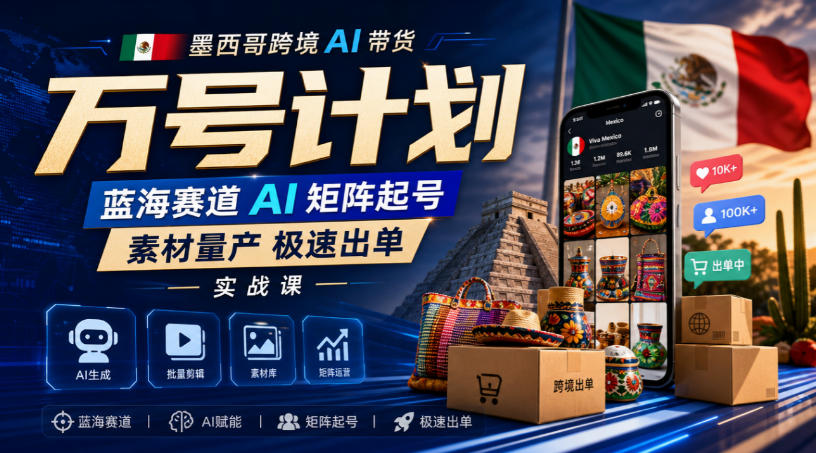 墨西哥跨境AI带货万号计划,蓝海赛道AI矩阵起号,素材量产极速出单实战课-来聚吧